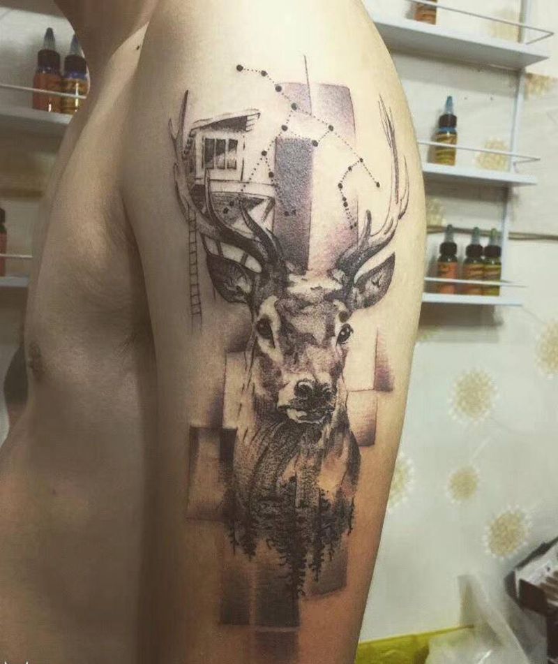 鹿纹身图片_手臂几何点刺纹身图案