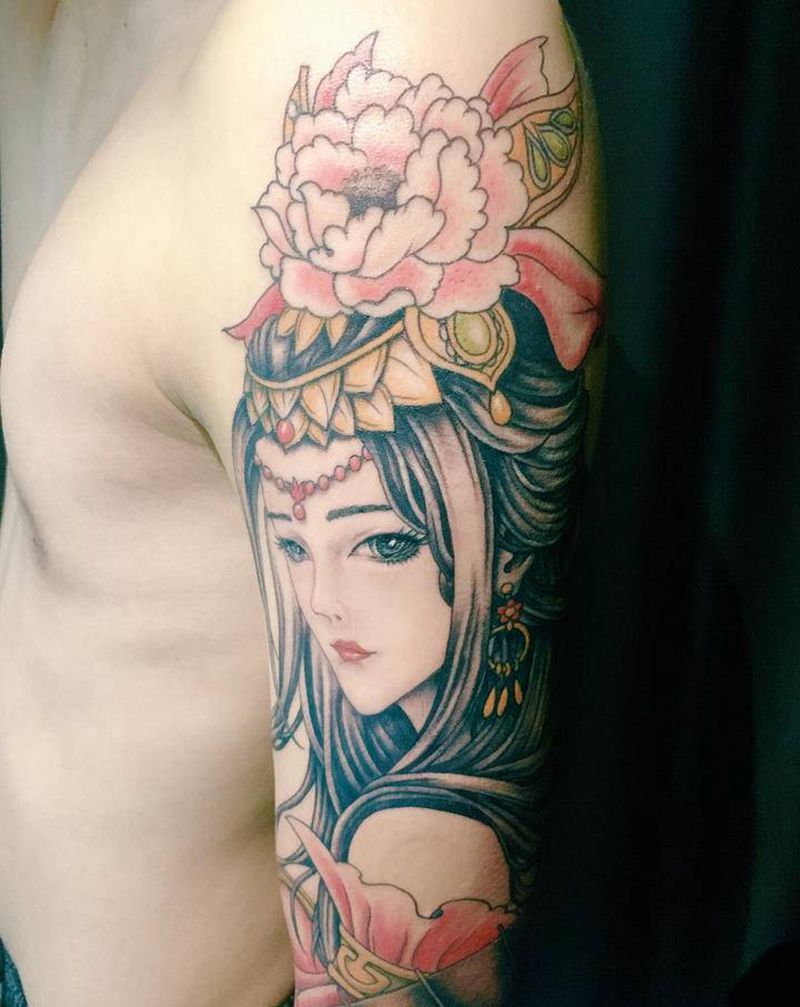 侍女图纹身图片_手臂新传统纹身图案