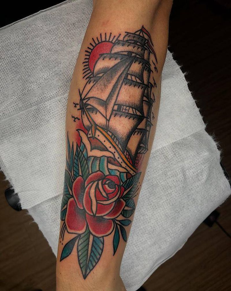 帆船纹身图片_手臂Old School纹身图案