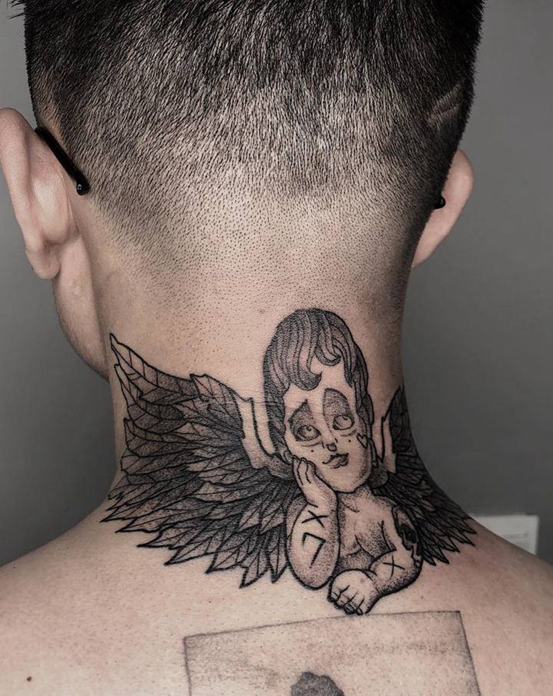 小天使脖子纹身纹身图片_颈部点刺小天使翅膀纹身图案