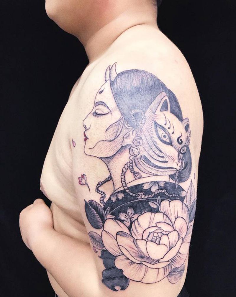 大臂女神纹身图片_手臂新传统点刺纹身图案