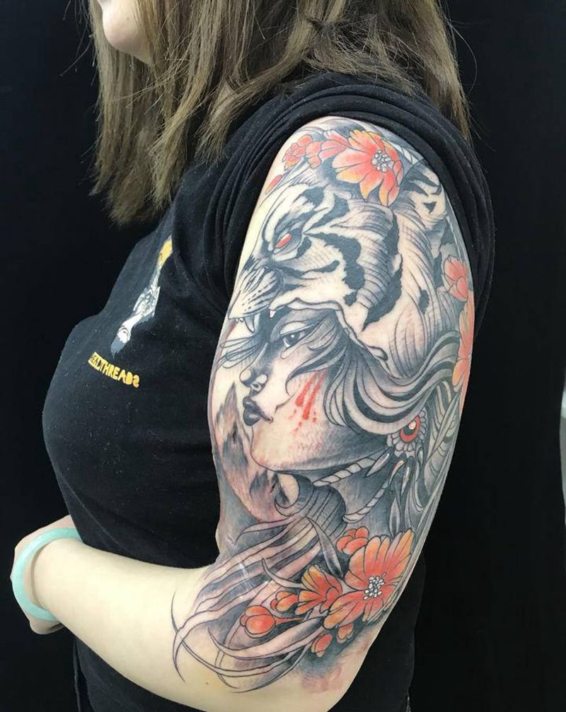 印第安女神盖疤纹身图片_手臂新传统New School纹身图案