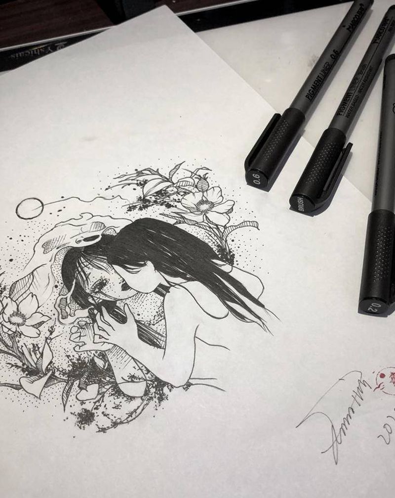 手稿-深水潭的少女纹身图片_点刺几何纹身图案