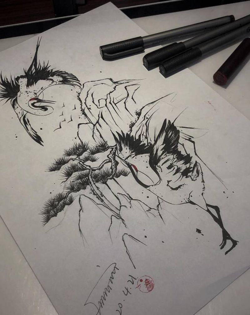 手稿-鹤纹身图片_水墨纹身图案