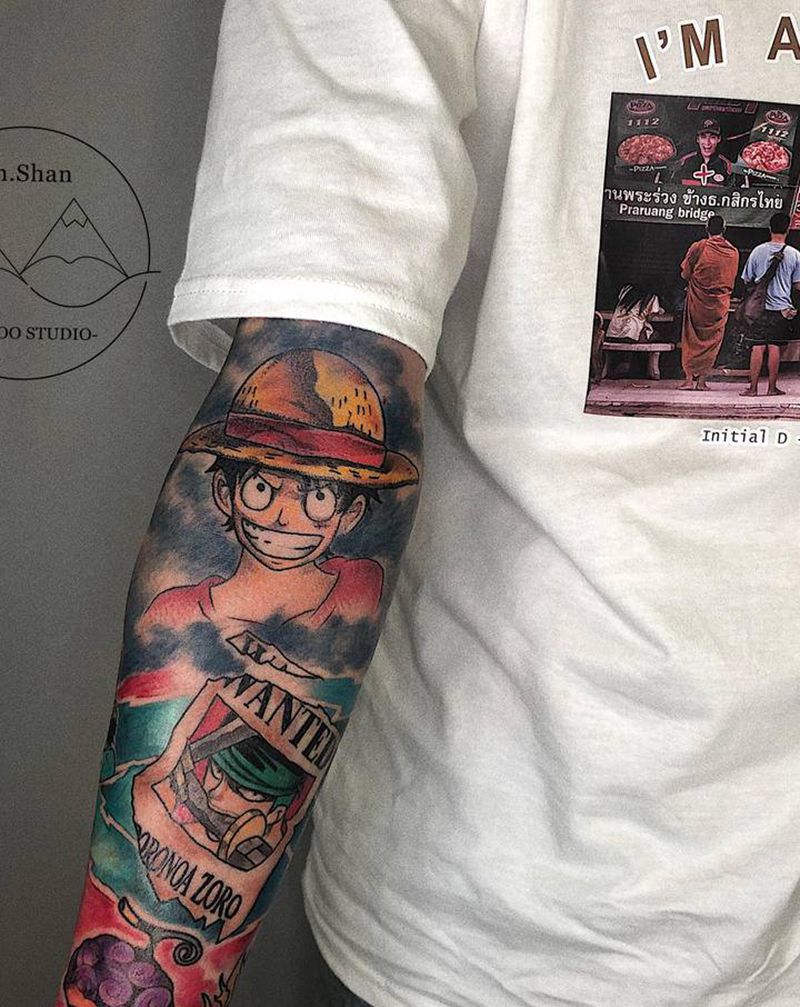 海贼王路飞包小臂纹身图片_手臂New School海贼王纹身图案