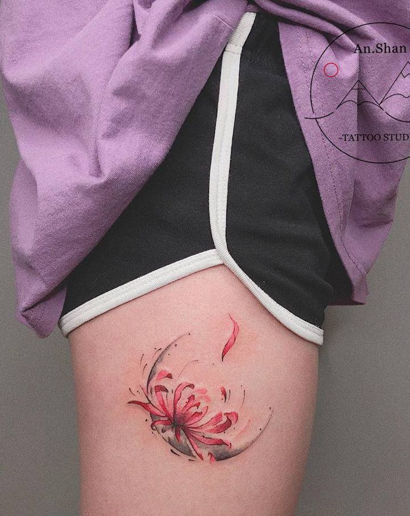 彼岸花纹身图片_腿部水彩纹身图案