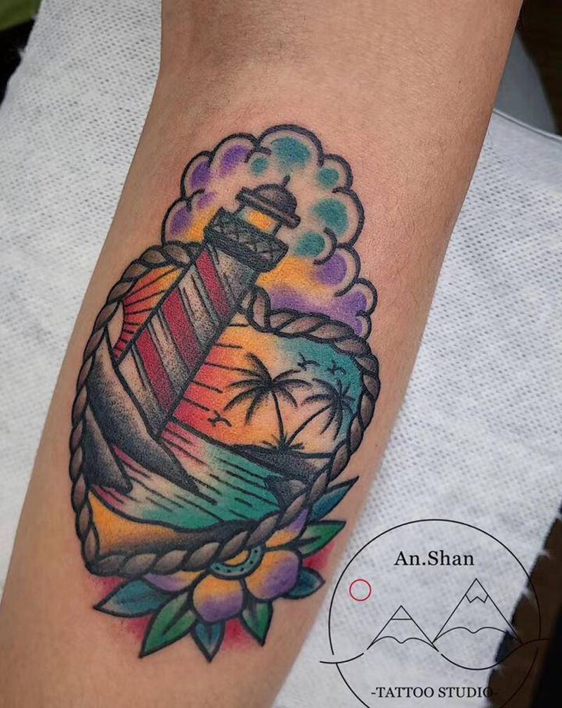 灯塔纹身图片_手臂Old School灯塔纹身图案