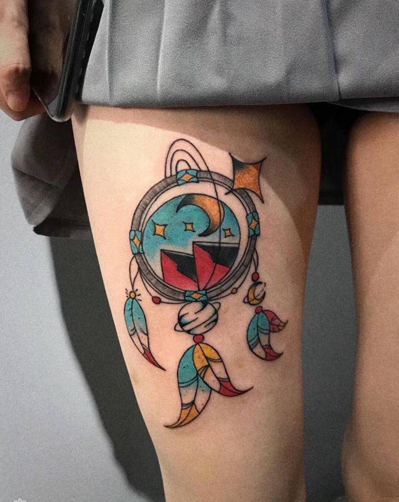 捕梦网纹身图片_腿部Old School纹身图案