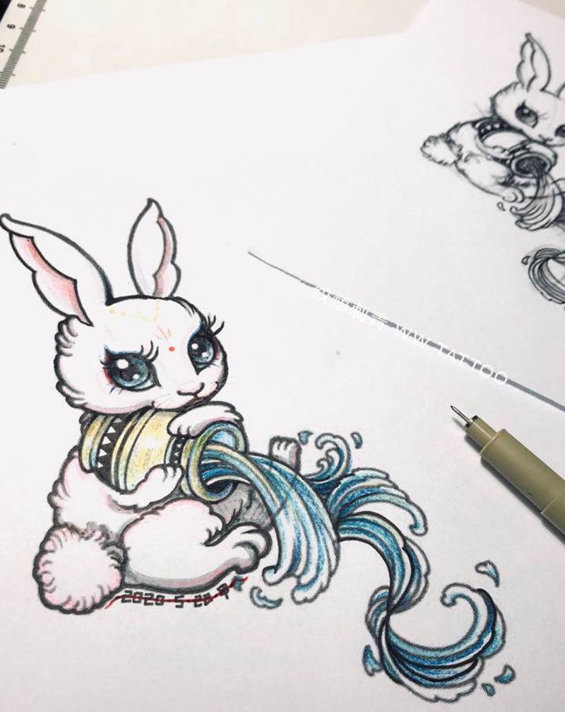 手稿卡通兔纹身图片_腰部背部水彩New School水瓶兔纹身图案