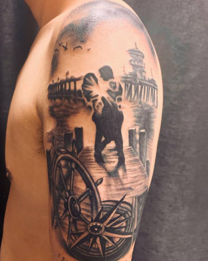 夕阳下纹身图片_手臂欧美写实纹身图案