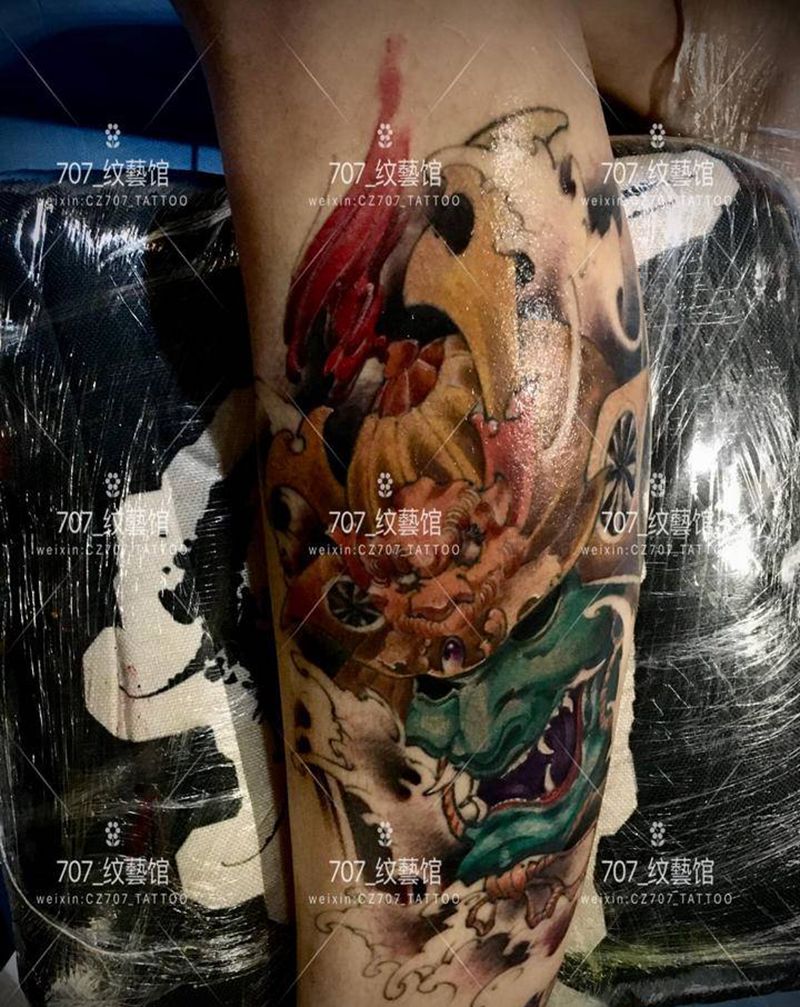 小腿鬼武士纹身图片_腿部新传统纹身图案