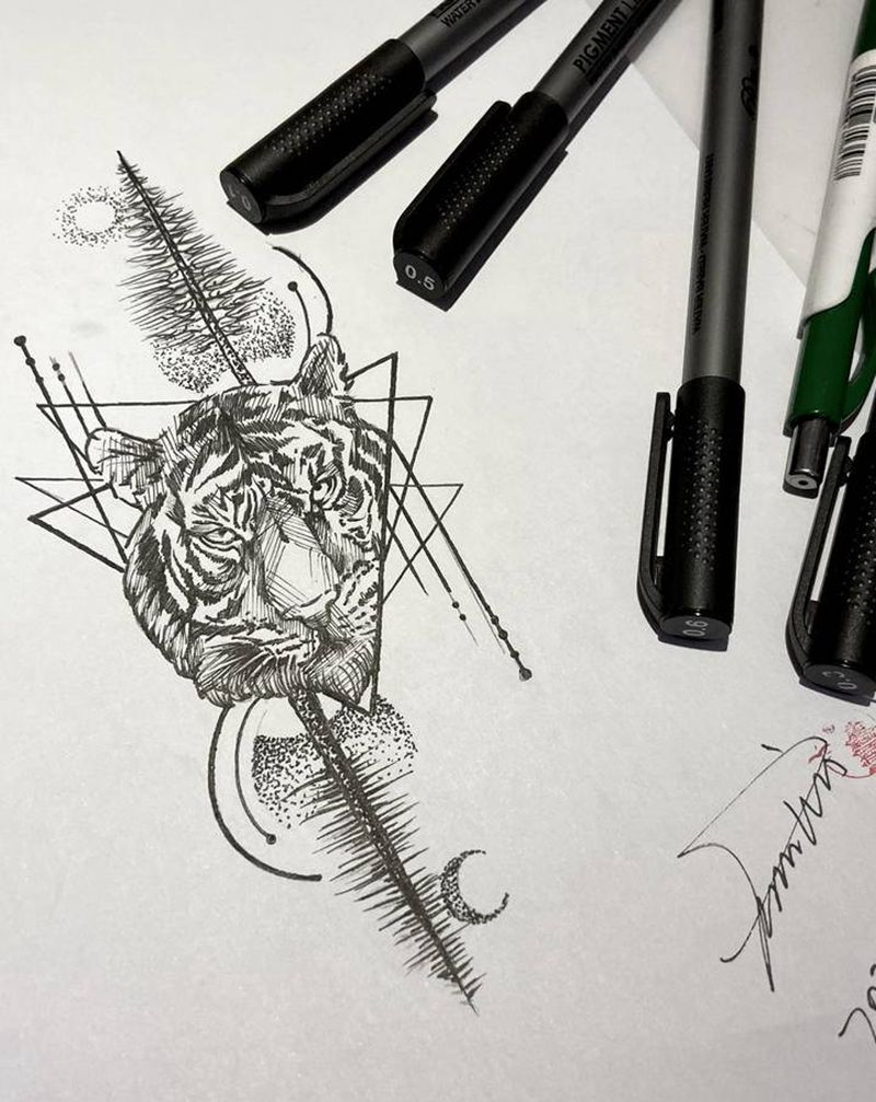 手稿-几何虎纹身图片_手臂腿部点刺几何纹身图案