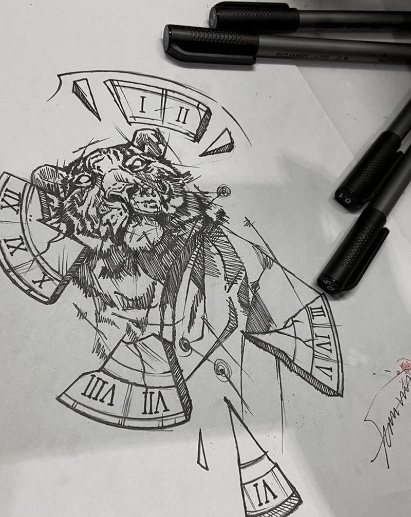 手稿-虎纹身图片_手臂腿部点刺几何纹身图案