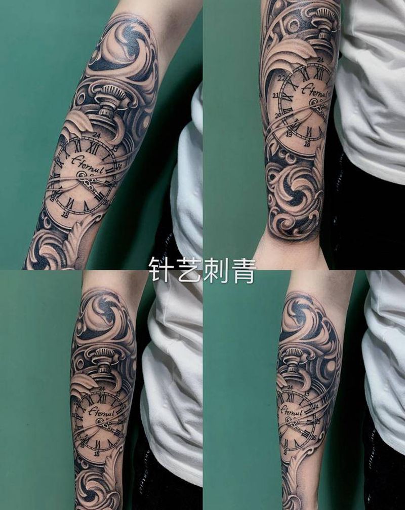 欧美写实时钟纹身图片_手臂纹身图案