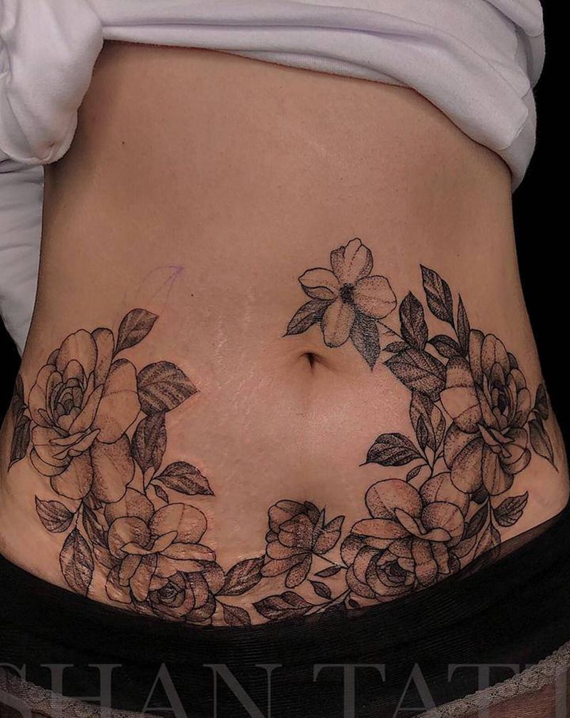 素花/妊娠纹遮盖纹身图片_腰部点刺花纹身图案