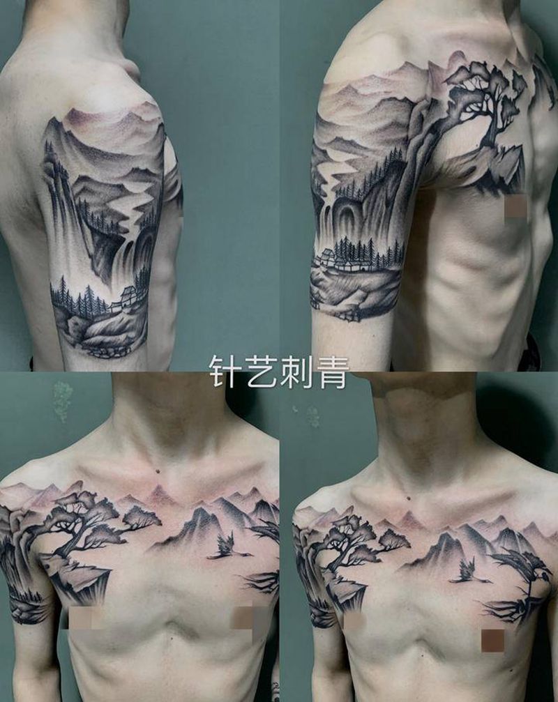 山水⛰️纹身图片_手臂胸部纹身图案