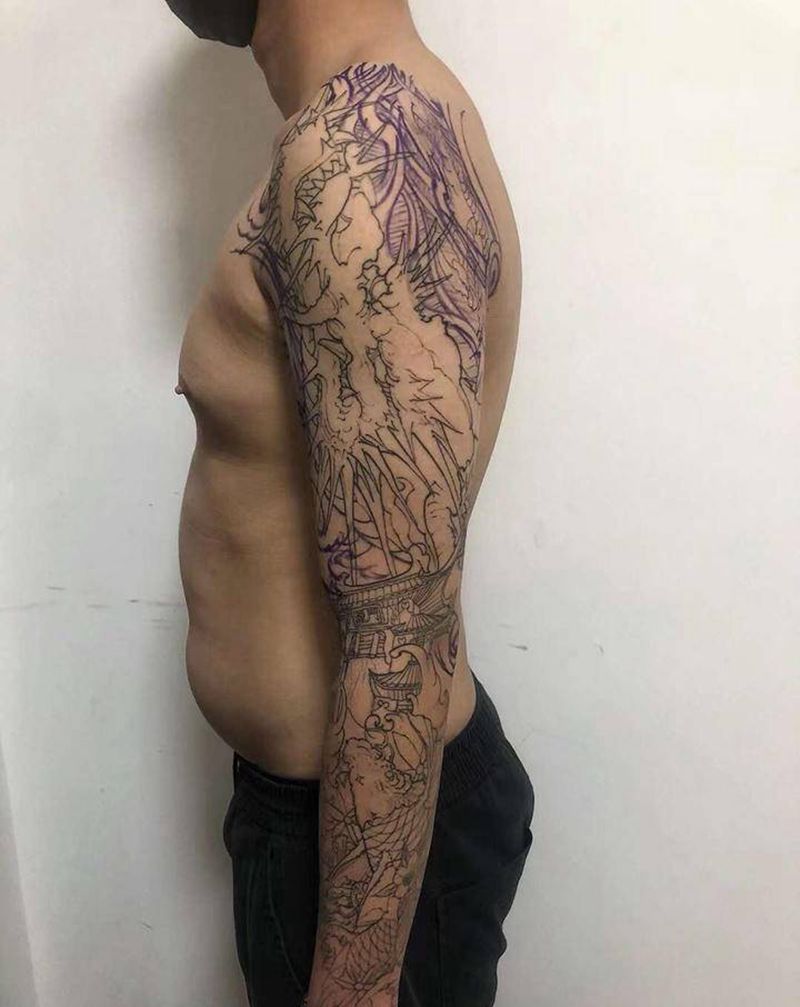 花臂龙纹身图片_手臂新传统龙纹身图案