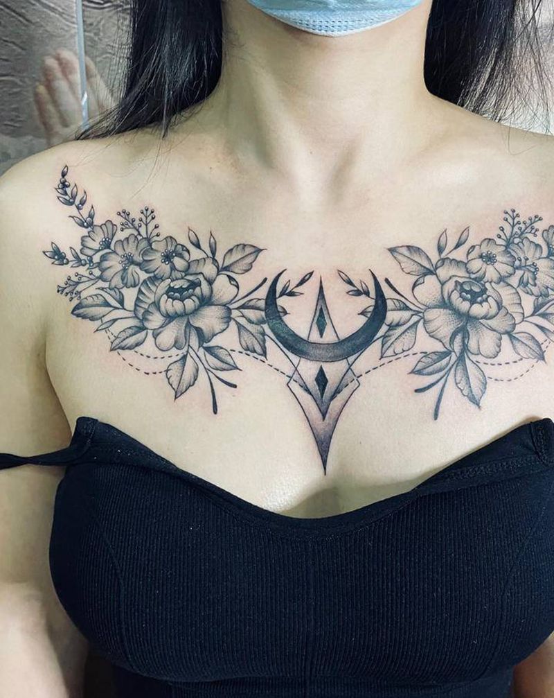 素花花胸纹身图片_新传统纹身图案