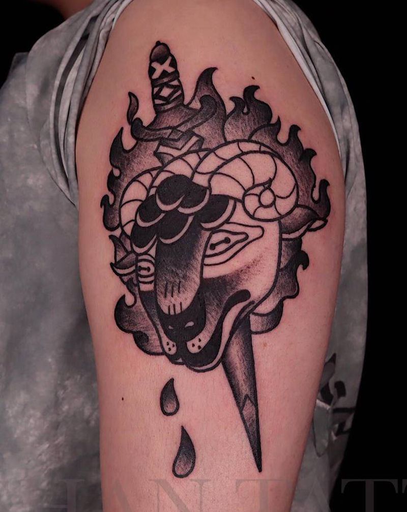 羊头纹身图片_手臂Old School纹身图案
