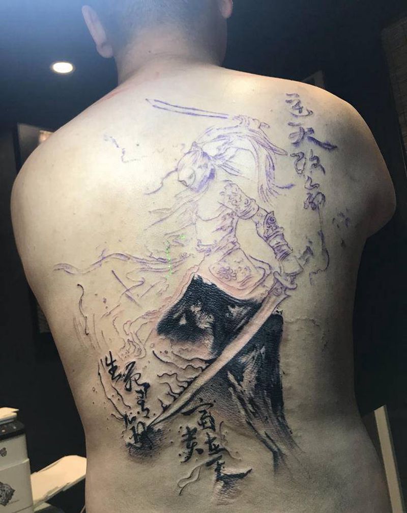 半成品纹身图片_背部水墨纹身图案