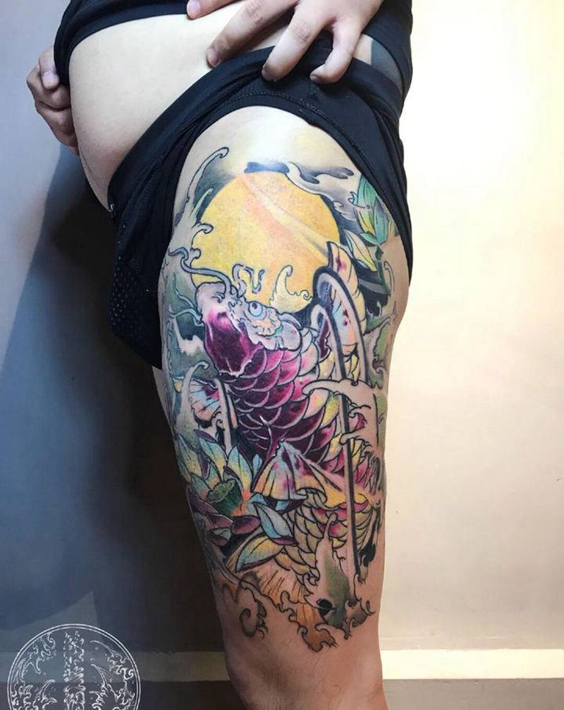 鱼纹身图片_腿部新传统纹身图案