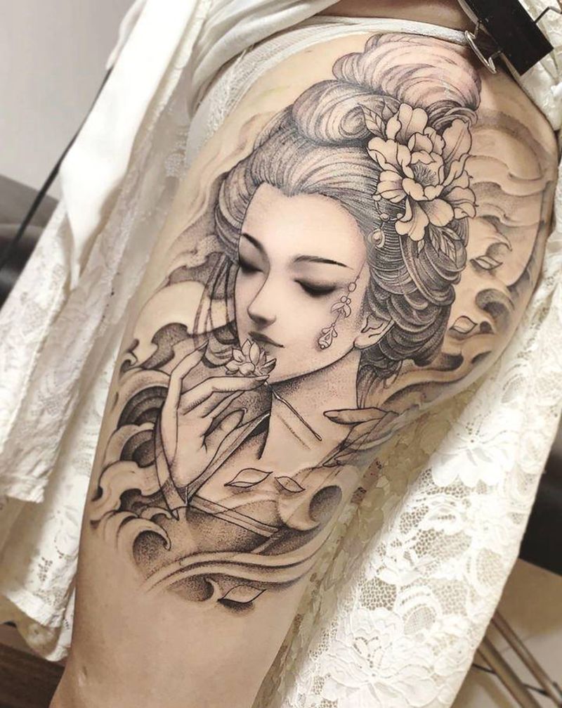 艺伎纹身图片_腿部新传统艺伎纹身图案