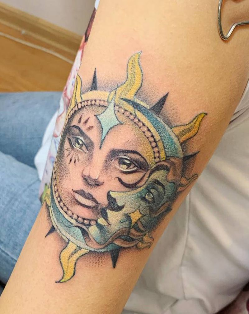 月亮，太阳合体纹身图片_手臂点刺纹身图案