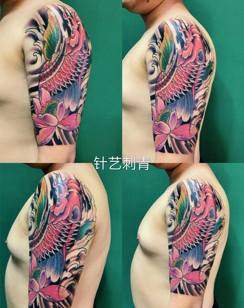 彩色锦鲤纹身图片_手臂纹身图案