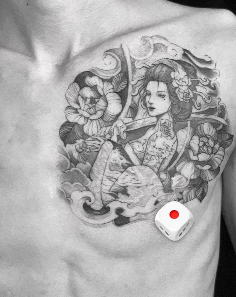 第N号艺伎纹身图片_胸部新传统纹身图案