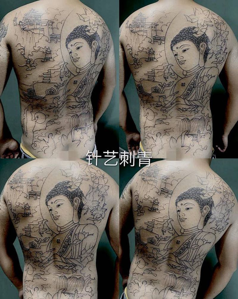 满背佛线条纹身图片_背部纹身图案