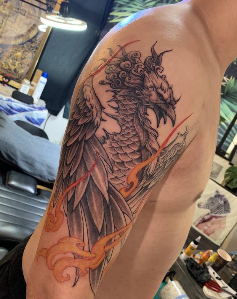 大臂凤凰未完成纹身图片_手臂新传统纹身图案