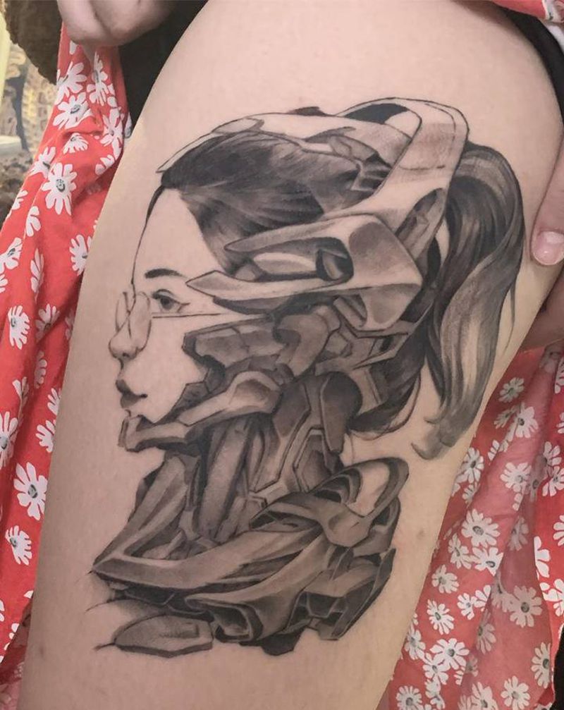机械少女纹身图片_腿部欧美写实纹身图案