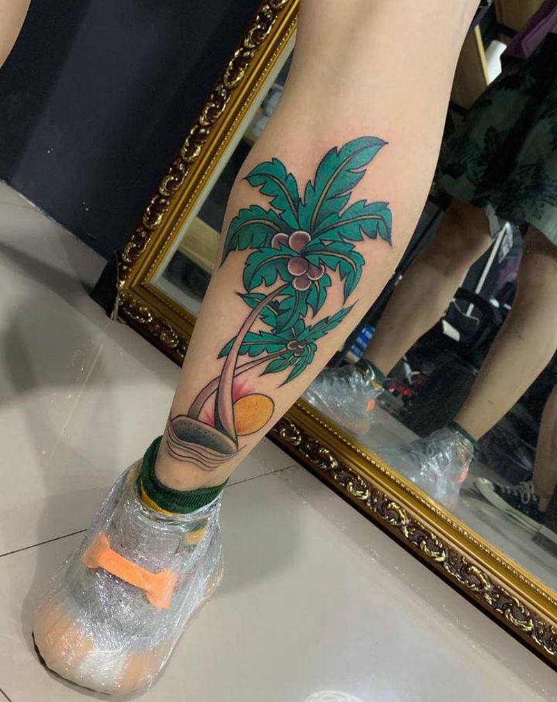 椰子树纹身图片_腿部Old School纹身图案