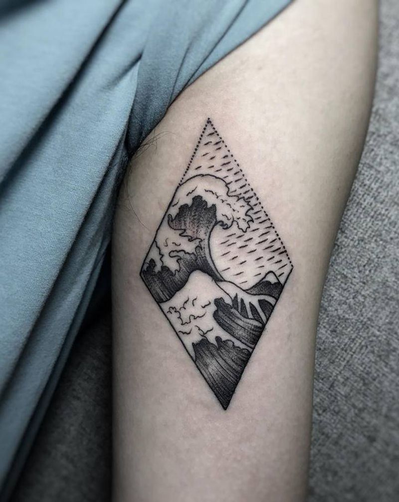 浪花纹身图片_手臂手部几何点刺纹身图案