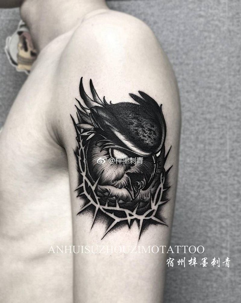 猫头鹰，荆棘纹身图片_手臂手部欧美写实点刺纹身图案