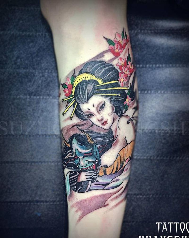 艺伎纹身图片_腿部新传统纹身图案