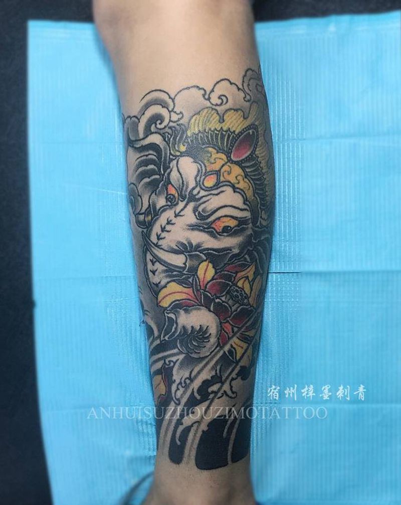 象神纹身图片_腿部老传统新传统纹身图案