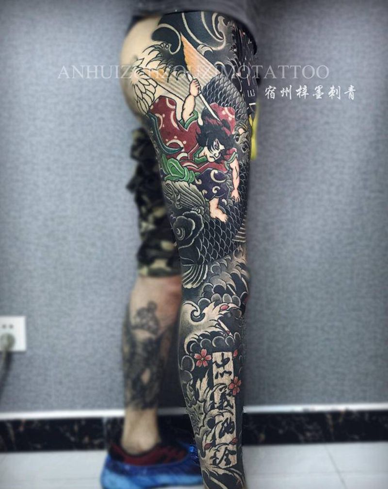 鬼若丸杀鲤纹身图片_腿部老传统新传统纹身图案