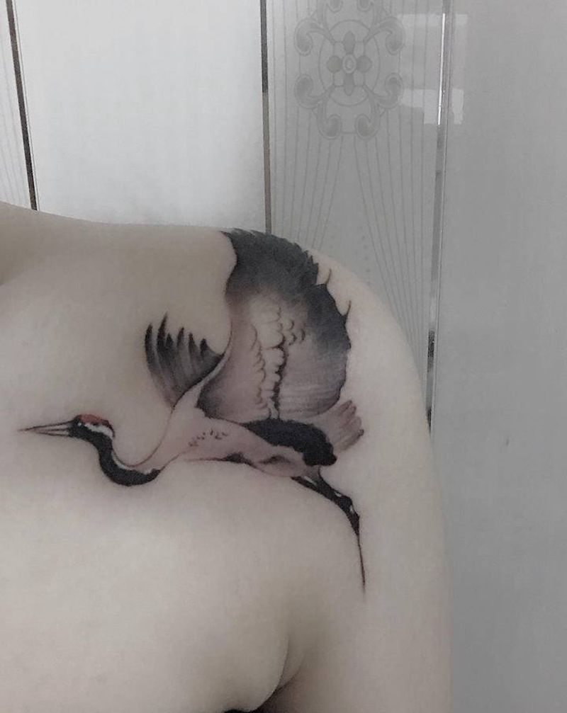 鹤 买家秀纹身图片_肩部水墨纹身图案