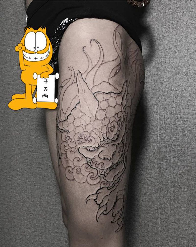 唐狮纹身图片_腿部新传统老传统纹身图案