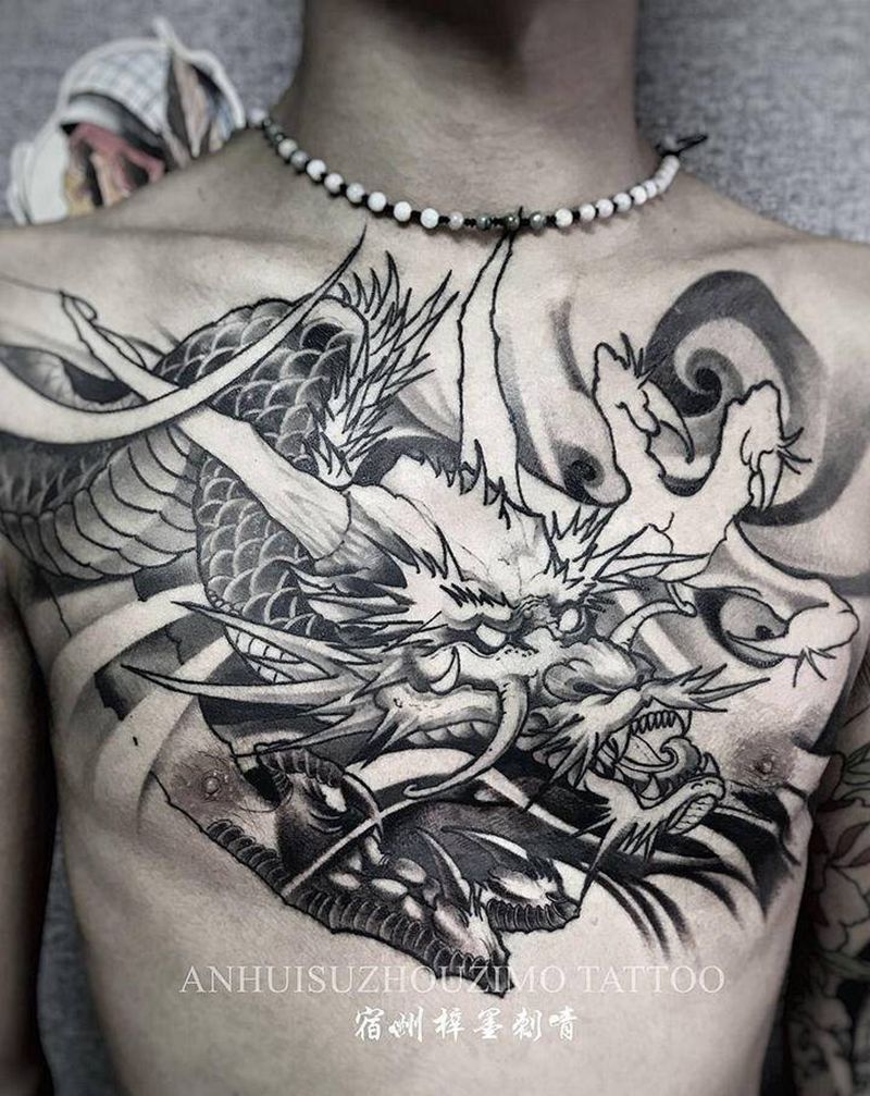 花胸：龙纹身图片_胸部新传统老传统纹身图案