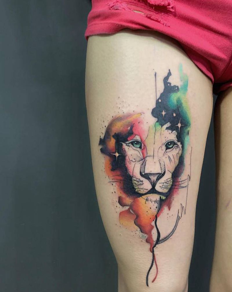 俄罗斯小姐姐的  水彩狮子纹身图片_腿部水彩纹身图案