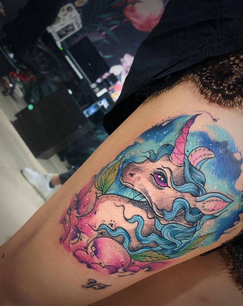 暗黑水彩 独角兽纹身纹身图片_腿部水彩纹身图案