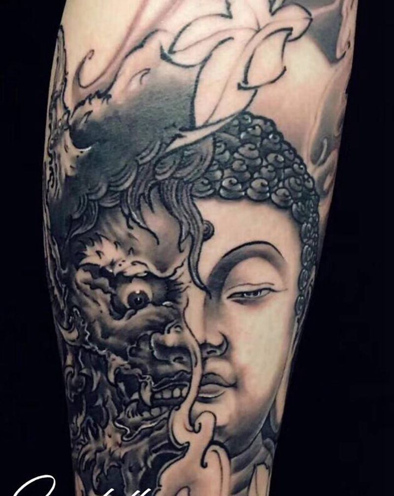 佛与魔纹身图片_腿部老传统新传统佛魔纹身图案