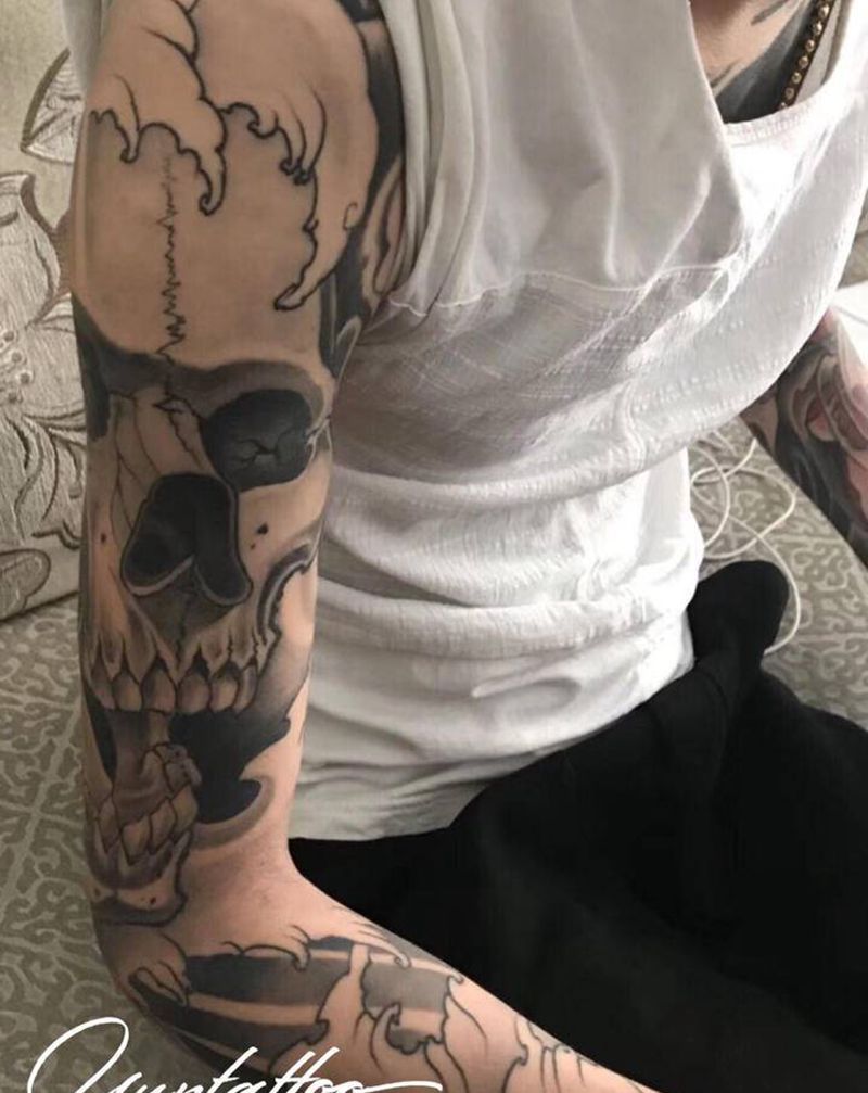 骷髅纹身图片_手臂老传统新传统骷髅纹身图案