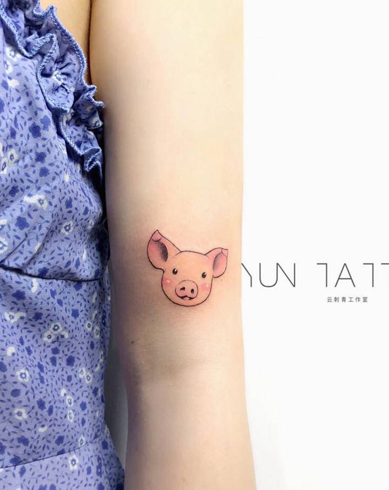 小猪头纹身图片_手臂腿部水彩New School小猪可爱纹身图案