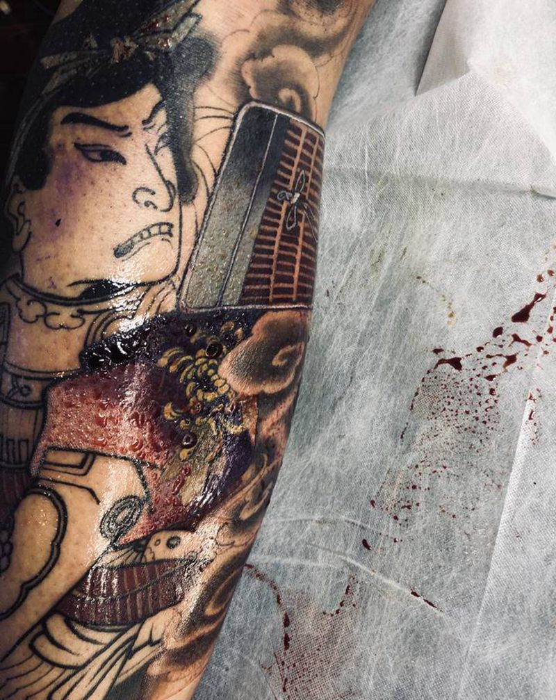 武士纹身图片_腿部新传统纹身图案