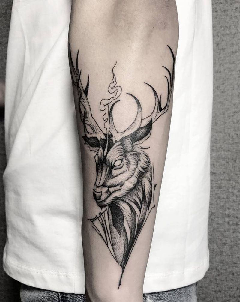 鹿纹身图片_手臂几何点刺纹身图案