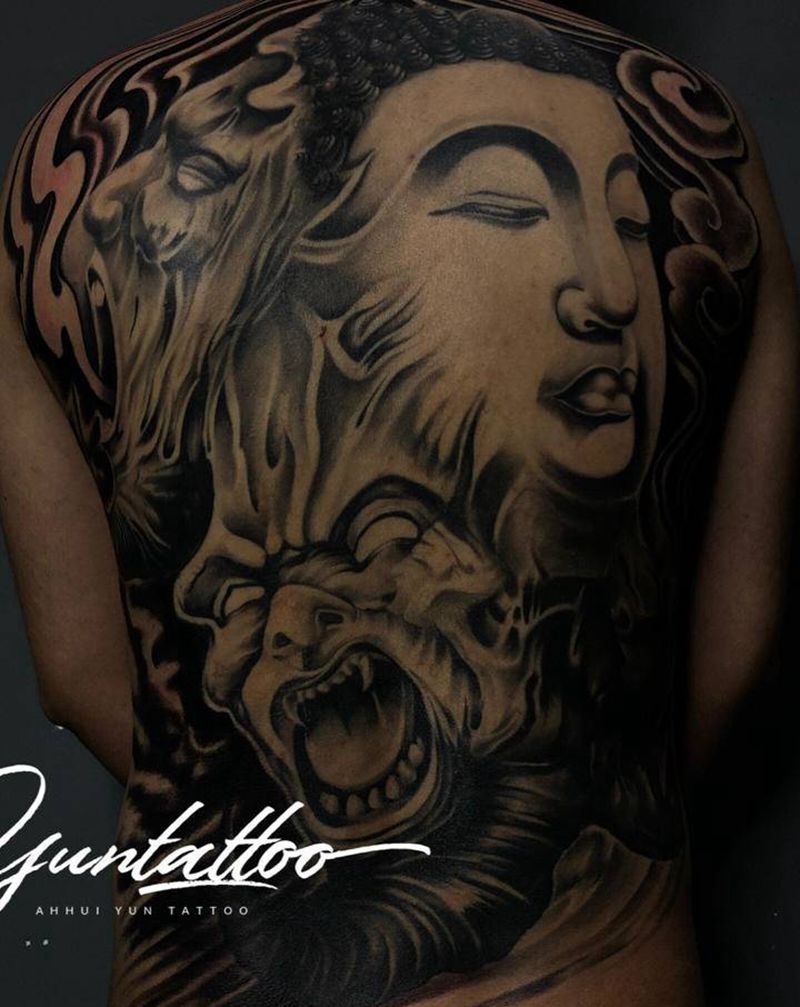 佛与魔纹身图片_背部新传统老传统佛魔纹身图案