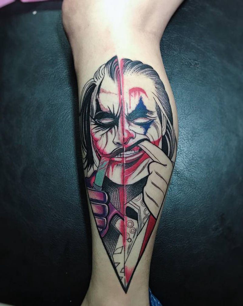小丑纹身图片_腿部欧美写实New School纹身图案